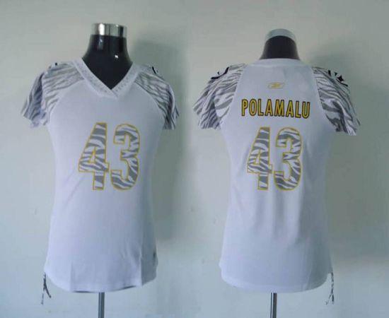Steelers #43 Troy Polamalu White Women's Zebra Field Flirt Stitched NFL Jersey